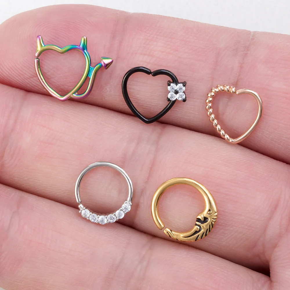 1pc 20G Copper Nostril Hoop Nose Piercing Rings Moon Devil Heart Zircon Daith Tragus Cartilage Earring Septum Body Jewelry Women images - 6