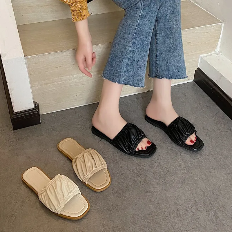 

Flat Shoes Female Womens Slippers Outdoor Slides Pantofle Fashion Summer Soft 2021 Luxury Rome Basic PU Shoes Woman's Slippers L