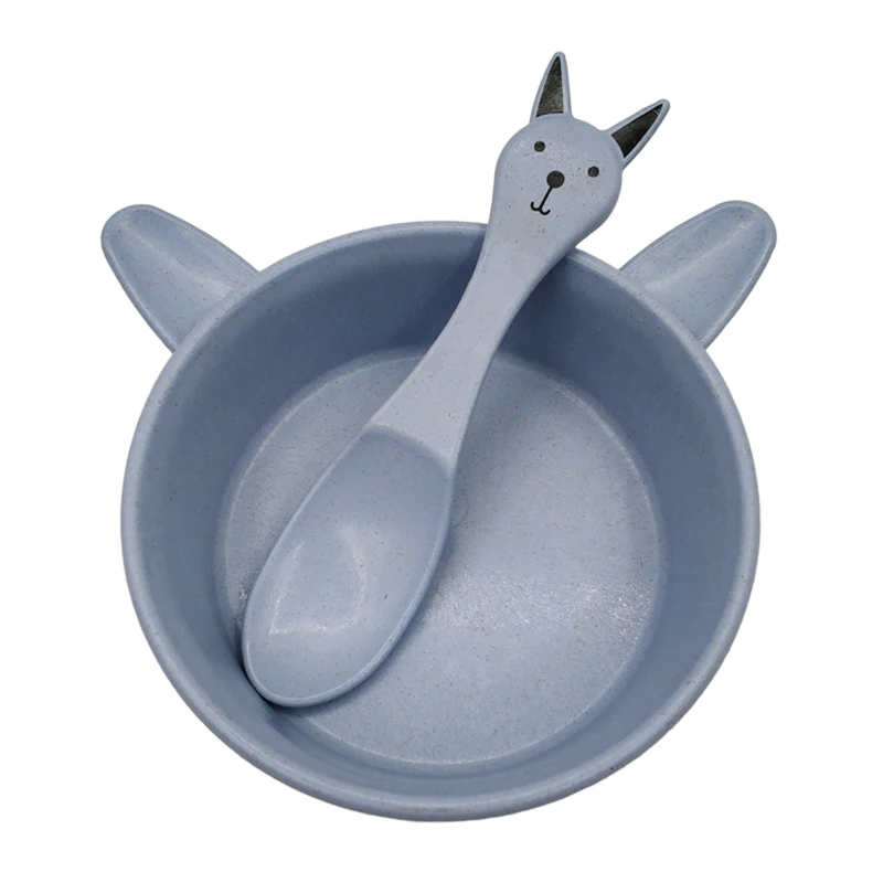 

2pcs/set Baby Feeding Food Tableware Wheat Cartoon Cute Ears Kids Dishes Baby Eating Dinnerware Set Anti-hot Training Bowl+Spoon