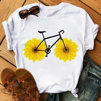 bicycle with sunflower women tshirt summer harajuku short sleeve white t shirts cartoon casual woman tops tees