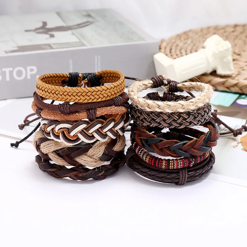 

AJC Men's Jewelry Bracelet Retro Weaving DIY Combination Set Cowhide Bracelet Multilayer Men's Leather Bracelet