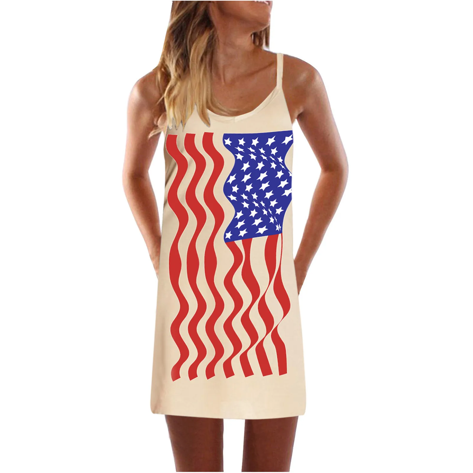 

ISHOWTIENDA Little Fairy Dress Women Slim A-line V-neck Independence Day Printing Sleeveless Sling Skirt Dress