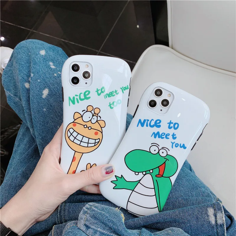 

JAMULAR Cartoon Dinosaur Giraffe Lover Couple Case For iPhone XR XS MAX 11 Pro X 7 8 6 6s Plus Animal Soft IMD Phone Cover Coque
