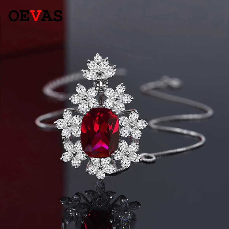 

OEVAS Luxury 925 Sterling Silver Created Moissanite Ruby Gemstone Wedding Cocktail Pendent Necklace Fine Jewelry Gift Wholesale