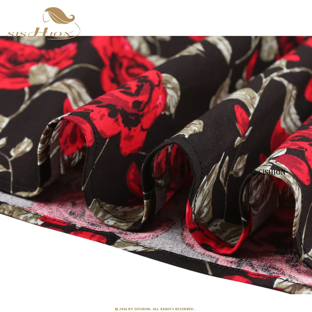 

SISHION 2021 Valentine's Day Festival Rose Floral Print Black Skirt SS0012 High Waist Vintage Cotton Midi Pleated Skirt Jupe