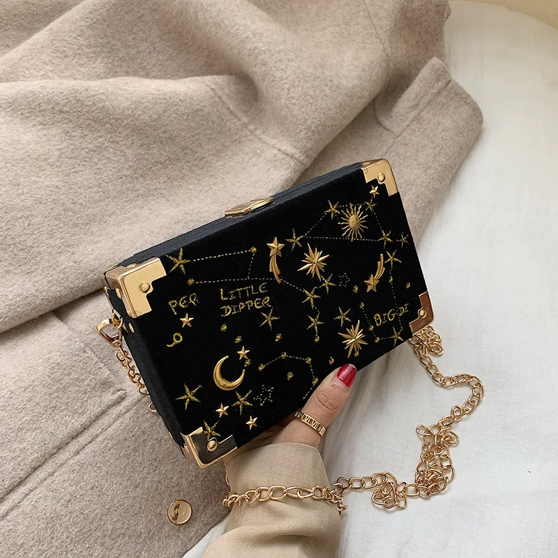 

Metal Badge Box Shape Handbag Purse Women Black Chain Party Clutch Bag Kawaii Shoulder Bag Crossbody Messenger Bag
