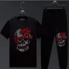 Мужской спортивный костюм с коротким рукавом и рисунком черепа, со стразами, одежда с камнями