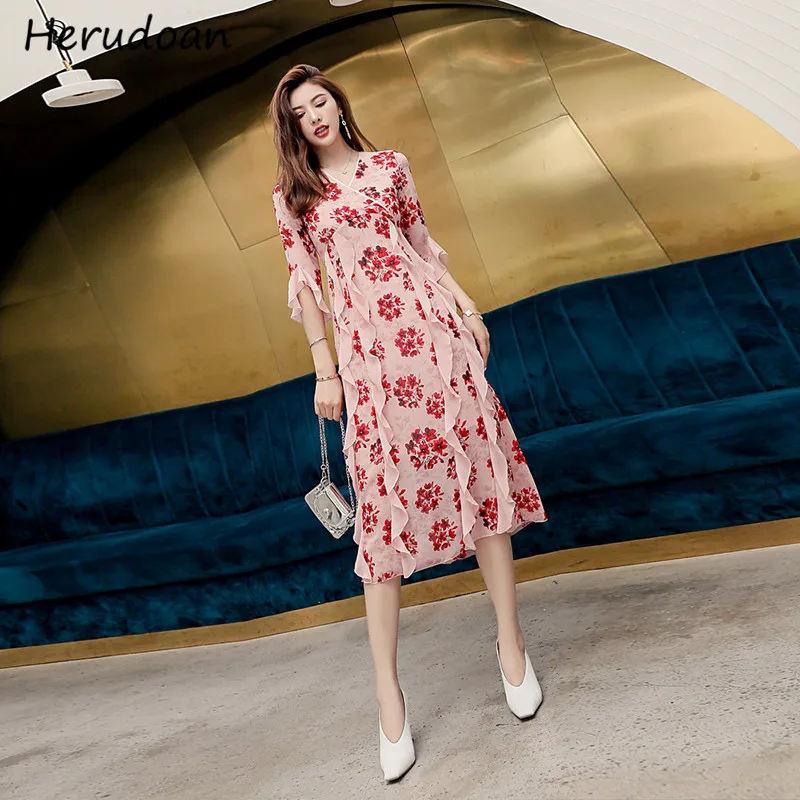 

Herudoan Summer Women Fashion Designer Midi Dress Flare Sleeve Ruffles Floral Print High Waist Ladies Party A-Line Dresses 2020