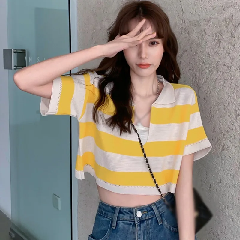 

Women Tops Stripe V-neck Short Sleeve Cover Loose Wear Short T-Shirts