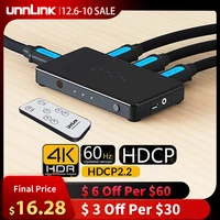 unnlink switcher hdmi 3x1 splitter uhd 4k 60hz rgb444 hdcp 2 2 hdr 3 in 1 out for smart tv mi box3 ps4pro projector