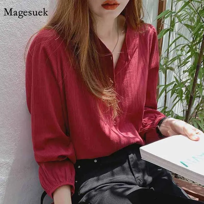 

All-match Solid Casual Cardigan Blouse Autumn Cotton Slim Long-Sleeved Shirt Women Wine Red Color Bottoming Shirt Blusas 11682