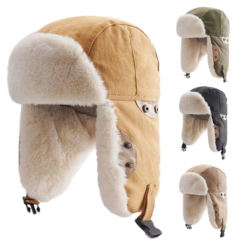 

Solid Color Cotton Hat W/ Foldable Ear Flap Trapper Bomber Windproof Aviators Hats Fit Ski LeiFeng Hat Warm Cycling Hat