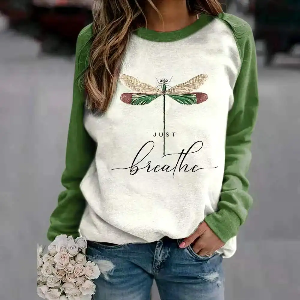 

Printed Hoodies Women Tops Dragonfly Letter Just Breathe Clothing Sweatshirt O Neck Long Sleeve Wearing