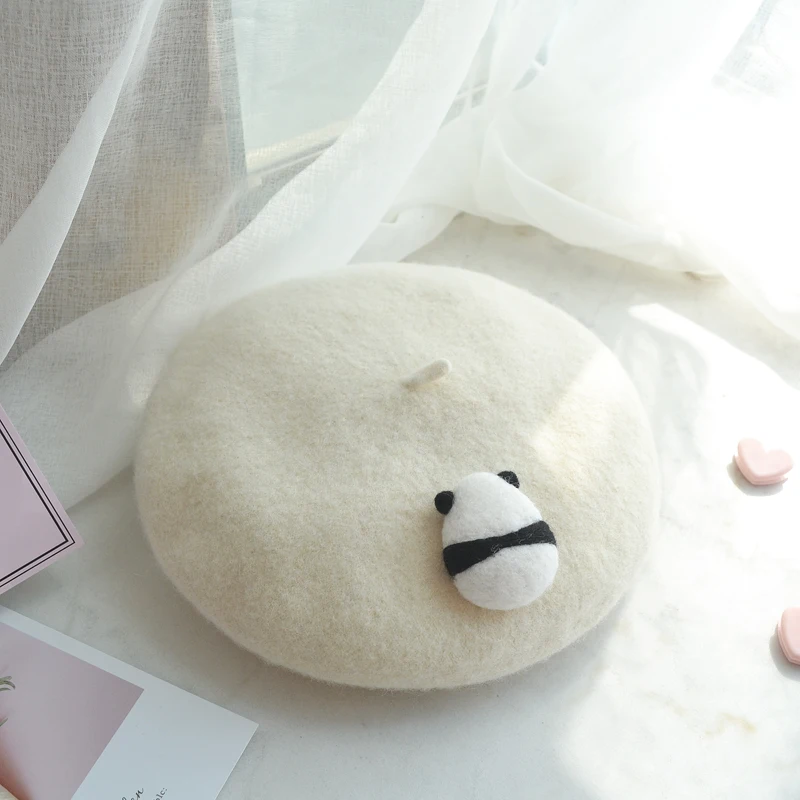 

I love panda lovely original handmade wool felt panda back beret hat female wild soft sister