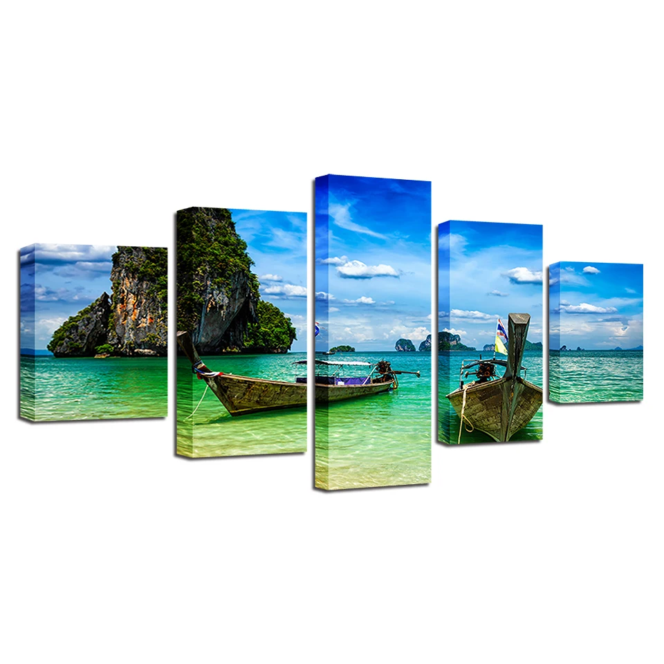 

Home Decor Wall Art HD Printed 5 Pieces Island Ship And Blue Sky White Cloud Seascape Canvas Pictures Modular Framework Painting