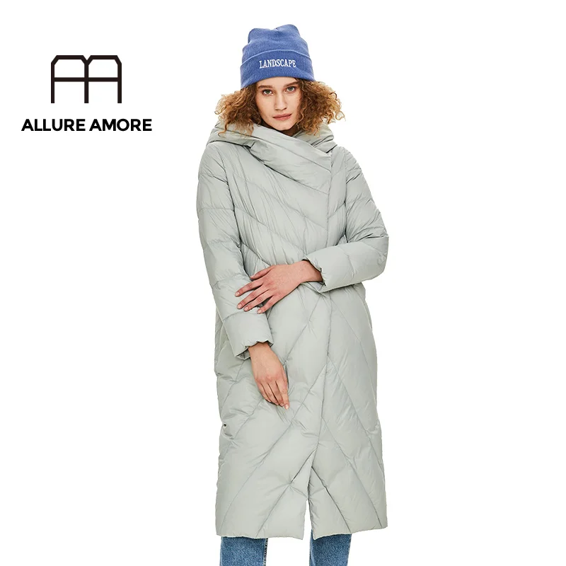 AllureAmore, зимняя и осенняя верхняя одежда для женщин, белая утка, х-длинный пуховик, теплая куртка с капюшоном, Модная парка-кокон, большие размеры, дизайн