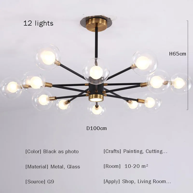 12 lights D104 H65cm Lustre Led стеклянная дизайнерская лампа черная люстра, светильник современная гостиная спальня кухонный Декор Домашнее освещение Утюг G9 - Цвет абажура: 12 lights D104 H65cm