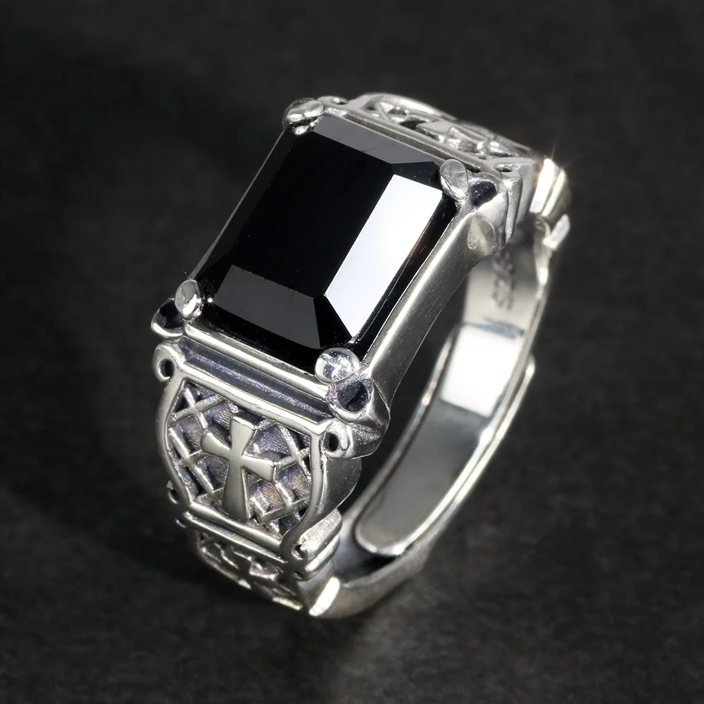 

Vintage Punk Silver 925 Jewelry Signet Mens Rings Cross Engraving Natural Black Stone Onyx Rings Christian Jewelry Opening Type