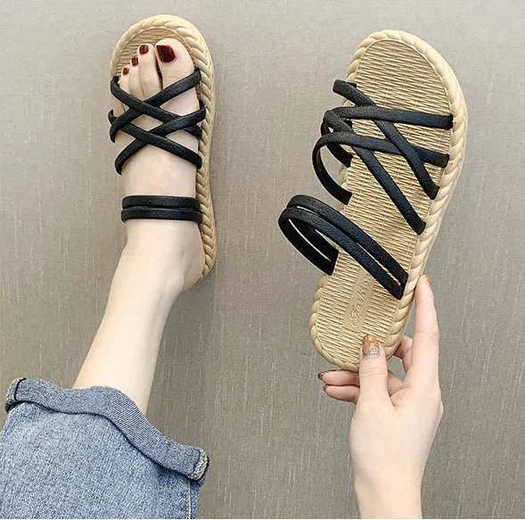 

2021 New Sandals Fashion Summer Shoes Ladies Flat Sandals Lace-up Roman Style Sandals Beach Shoes