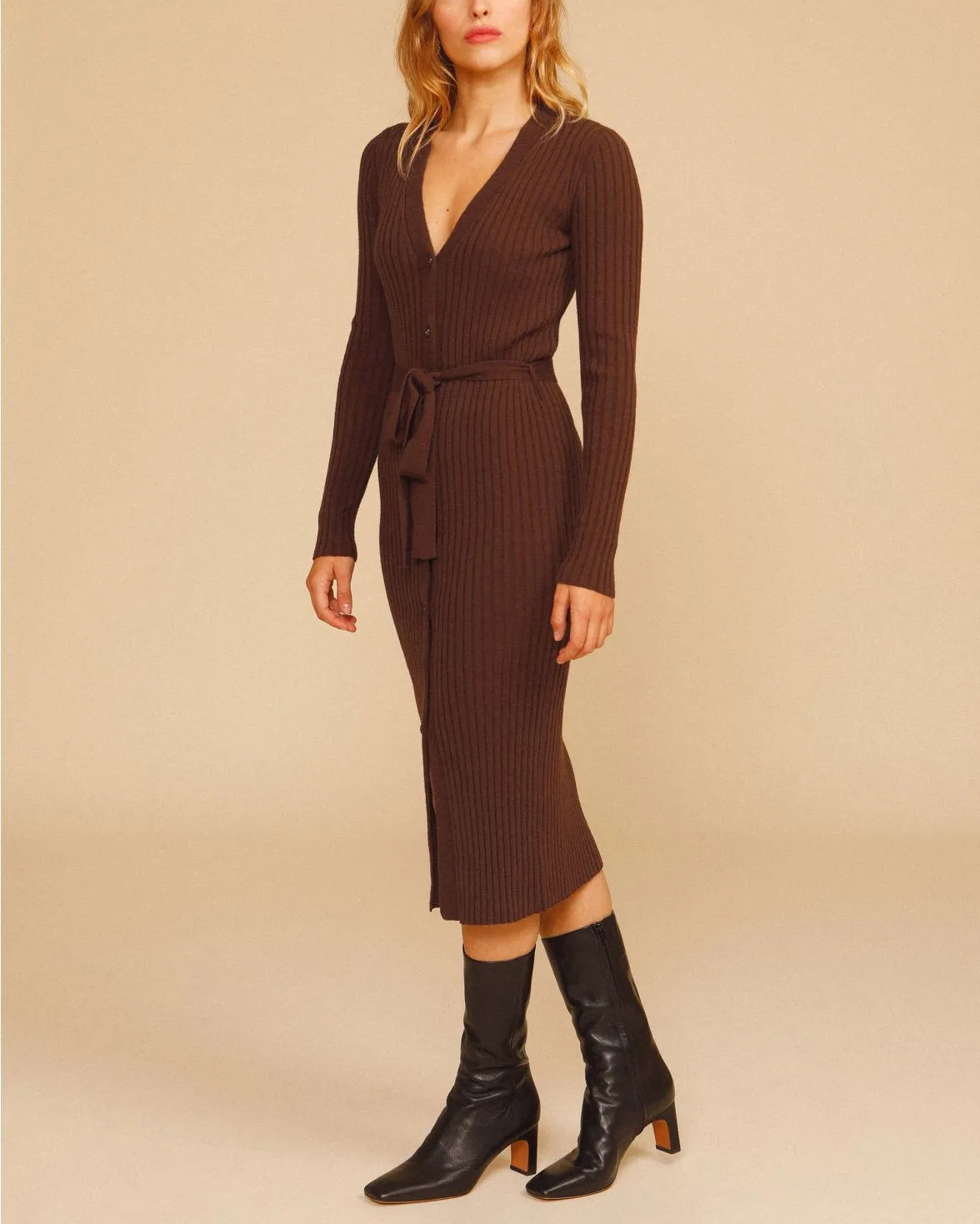 

Women V-Neck Stripes Single-Breasted Midi Dress Solid Color Long Sleeve with Sashes Autumn Winter New Ladies Slim Knitwear Robes