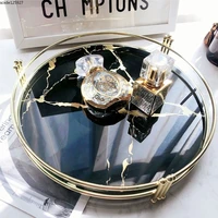creative black marble pattern mirror tray cosmetics jewelry storage tray metal round plate dressing table living room decoration