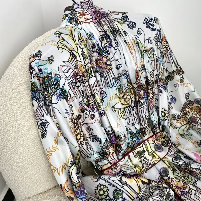 

21 Spring Fashion Botanical Crop Floral Print Red Button Throug Long Lantern Sleeve Top Quality Twill Silk Ladies Mini Dresses