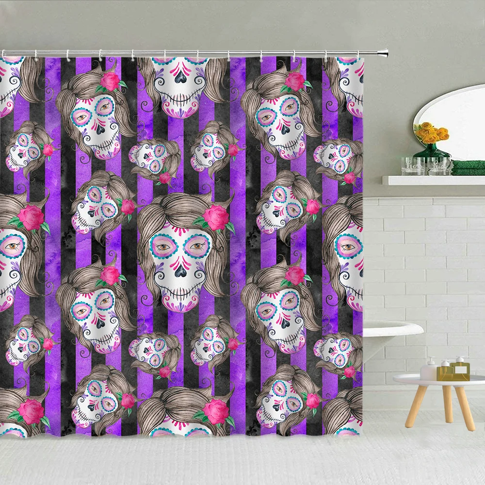 

Sugar Bone Flower Pattern Shower Curtain Funny Halloween Theme Festival Gift Mildew Proof Bathroom Decoration Hanging Curtains