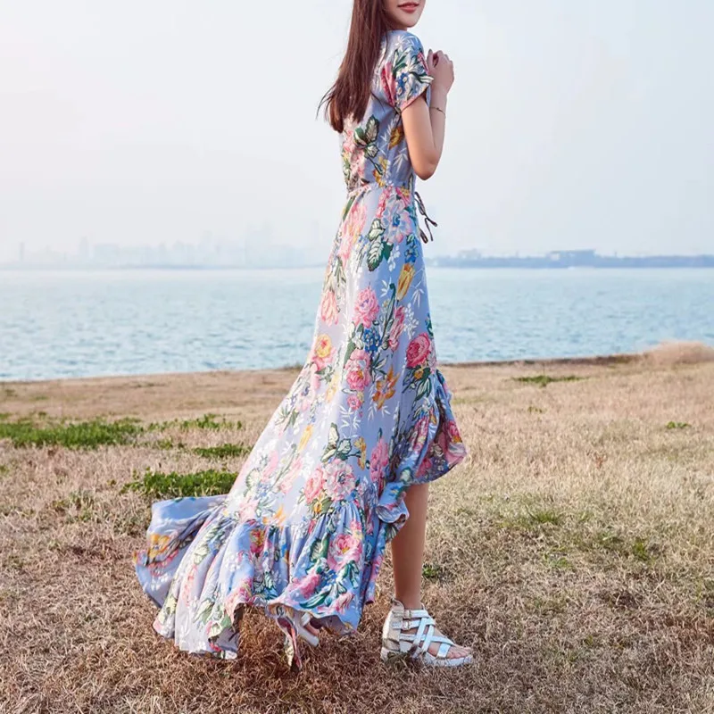

2019 Boho maxi Dresses Vintage Floral print irregular hem summer dresses short sleeve Hippie Women dress Party dresses
