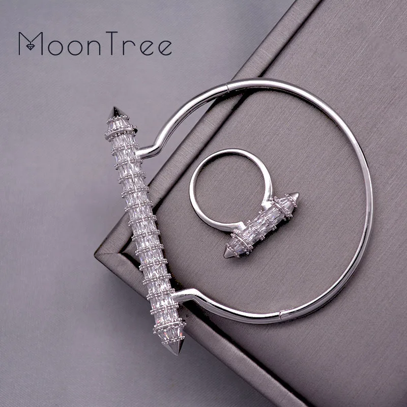 Silver Color MoonTree, Новое поступление, роскошная форма ногтей, супер Шинг, полный AAA кубический зрикония, Свадебный, саудовская, арабский браслет в дубайском стиле, набор колец для женщин - Окраска металла: Silver Color