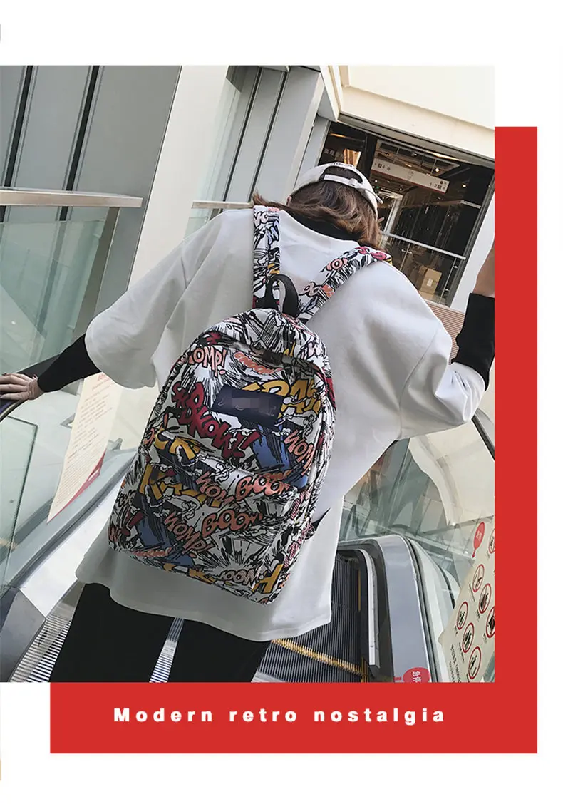 New backpack female cartoon alphabet doodle personality wild backpack men and women shoulder bag mochila