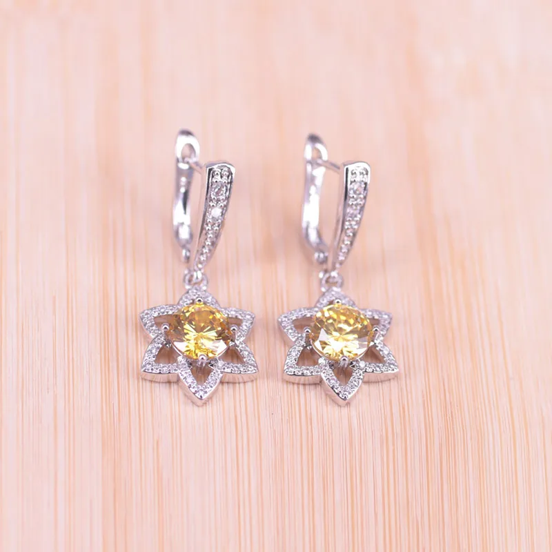 Risenj Sparking Yellow Silver Color Hexagon Shiny Star Jewelry Earrings Ring Necklace Bracelet Set Bridal | Украшения и