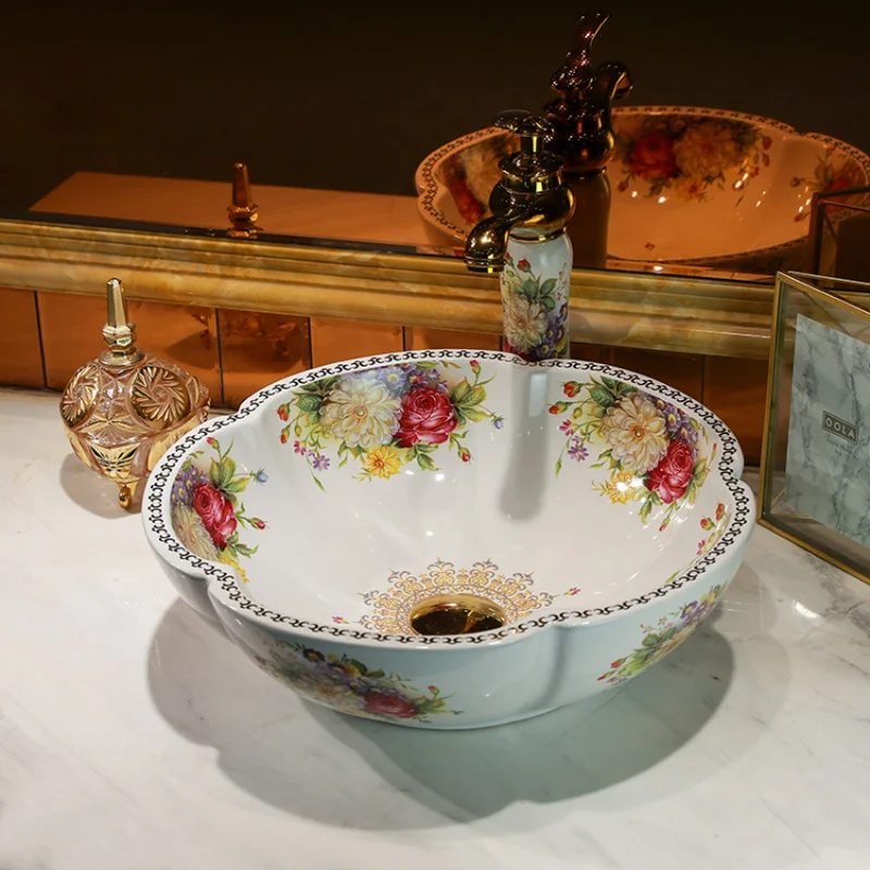 

Styl europejski ceramiczne do łazienki umywalka ręcznie zrobiony kwiatek kształt blat umywalkowy 42*42*14cm toalety umywalka
