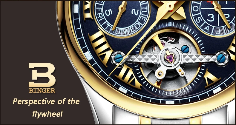 Швейцарские Бингер мужские часы люксовый бренд Tourbillon сапфир светящиеся несколько функций механические наручные часы B8602-7