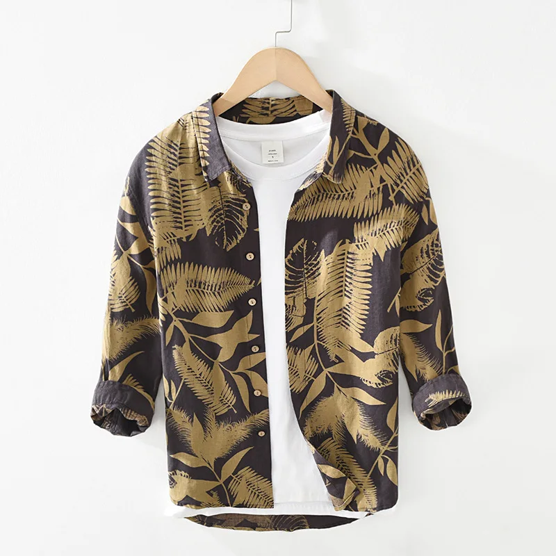 

100% Linen Japan Premium Flax Vintage Leafs Print Shirts Breathable Thin Casual Three Quarter Sleeve Beach Holiday Blouses Male