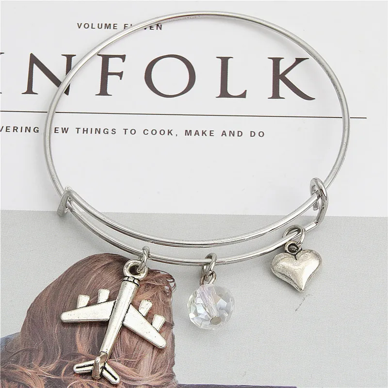 1pc Airplane Bangle With Beads Heart Charms Plane Bracelet Travel Jewelry For Pilot Gift E2193 | Украшения и аксессуары