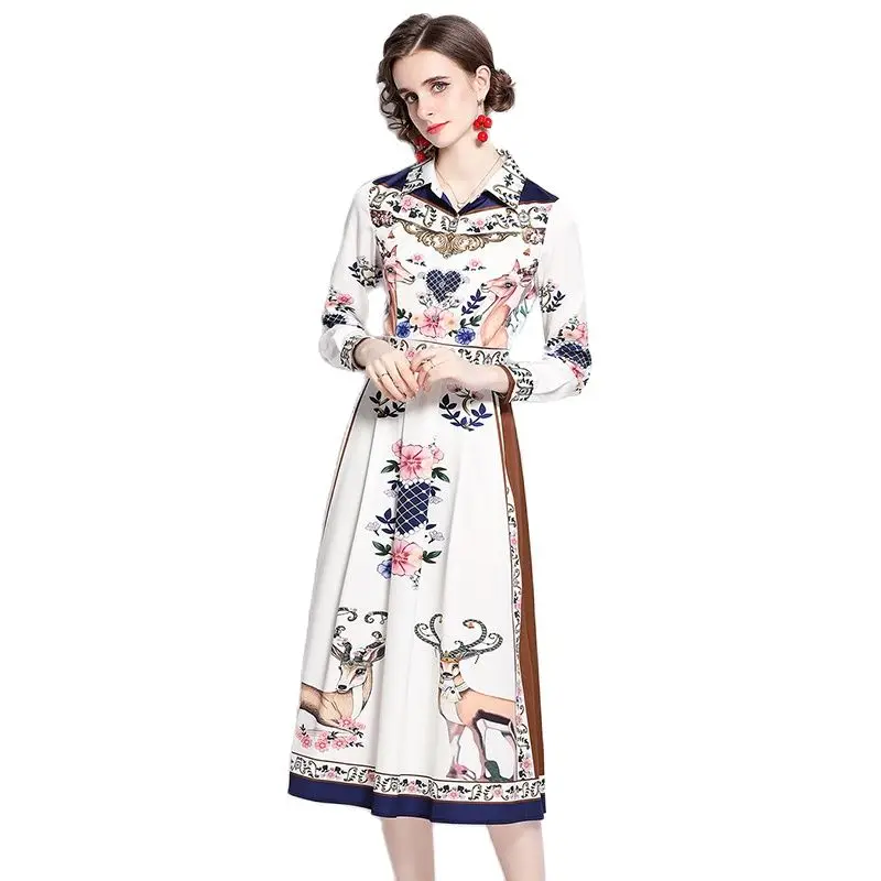 

Printed Dress Temperament High Waist Slim Long Sleeve Lapel White Satin Button Shirt Clothing