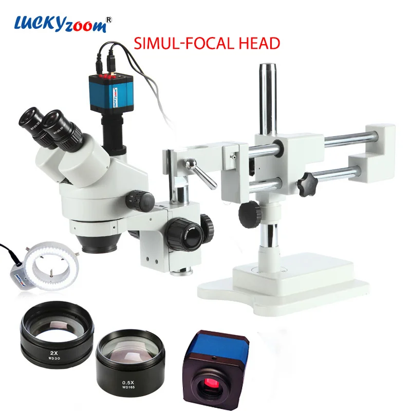 Microscopio Trinocular Focal Simul 3.5X-90X, soporte de doble brazo, cámara de 14MP, juego de Microscopio estéreo de soldadura con luz de anillo de 144 piezas