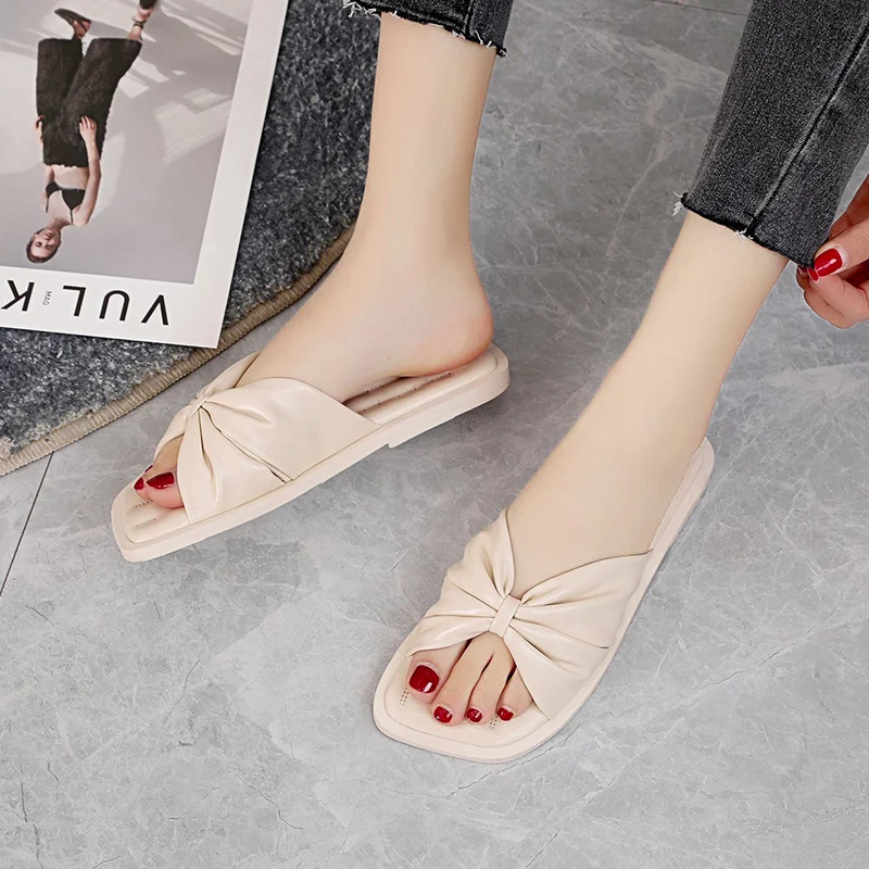 

Shoes Ladies' Slippers Luxury Slides Butterfly-Knot Slipers Women Loafers Square Toe Designer Flat Summer Soft 2021 Rubber PU Sw