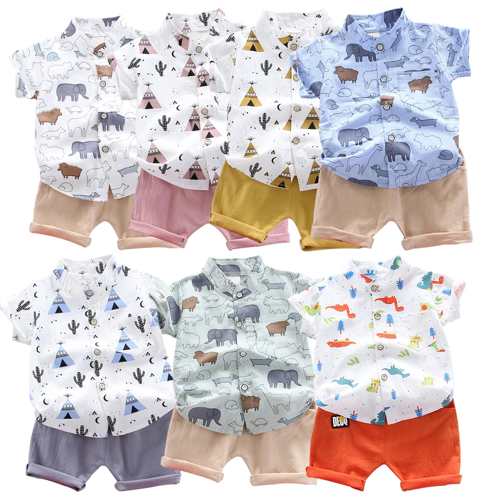 

2021 New Boys' Suit, Toddler Print Short-Sleeved Shirt And Casual Shorts 2-Piece Set, Cartoon Print Pattern Casual Hot Sale