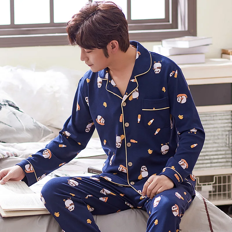 Мужская пижама с длинными рукавами на весну и осень хлопковый комплект домашней