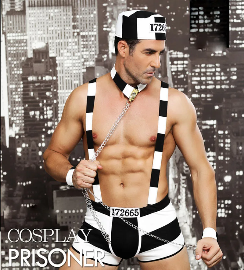 Mens Sexy Lingerie Set Role Play prisoner's Garb Uniform Night Club Dance Costume Outfit 2020 images - 6