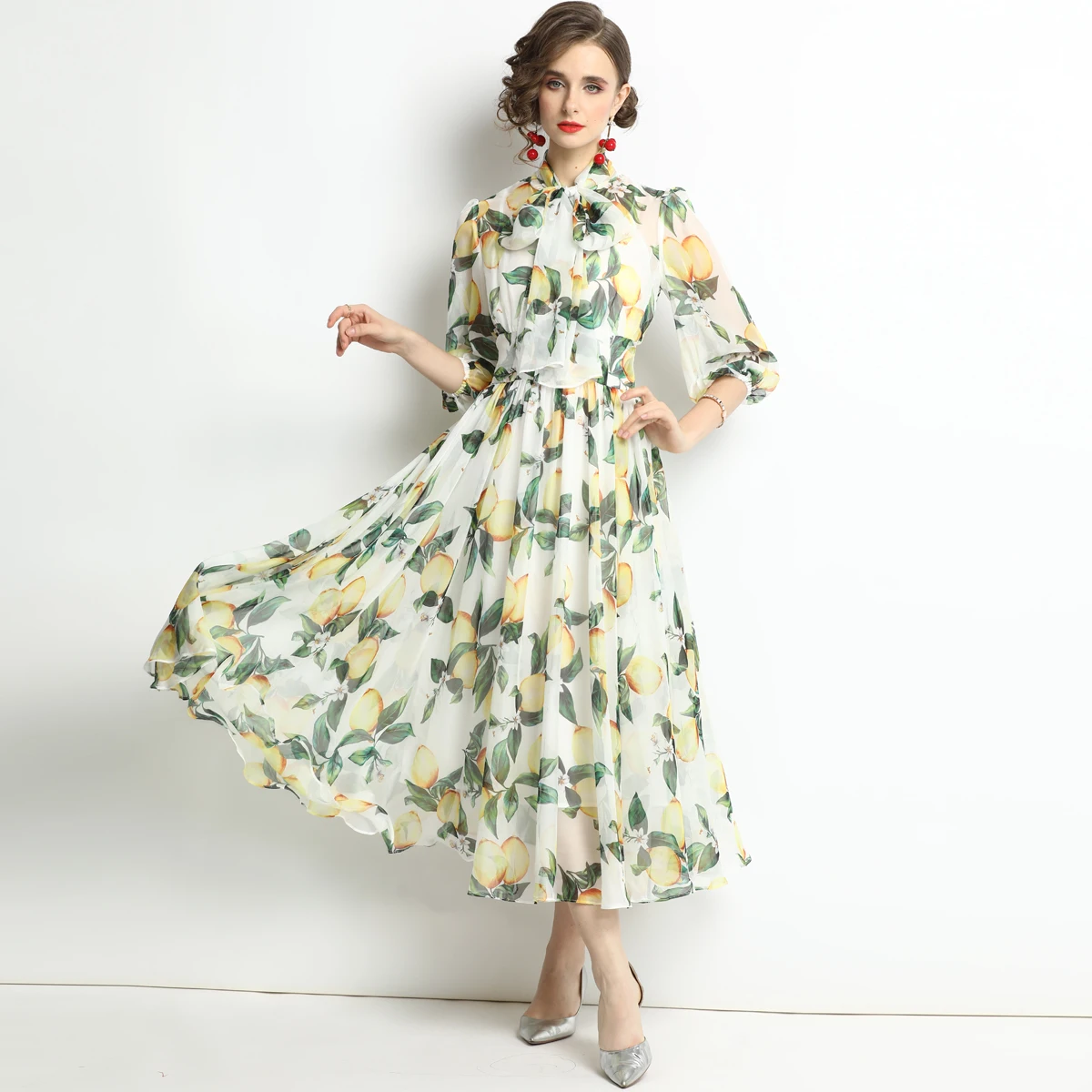 Женское шифоновое платье с бантом и цветочным принтом модельное элегантное для
