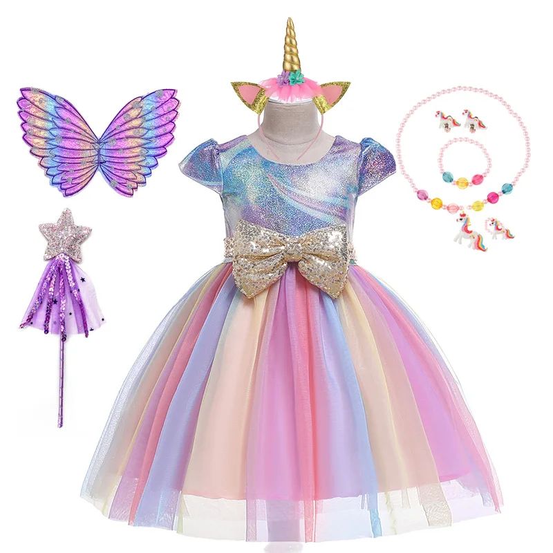 Chirstmas Princess Dress Rainbow Big Bow Fairy Frock for Girls Unicorn Party Dress Up Halloween Costume Cute Pony Horse Clothes
