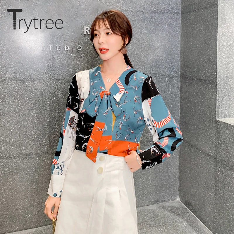 Trytree 2020 Весенняя женская блузка повседневная отложной воротник бант кнопка