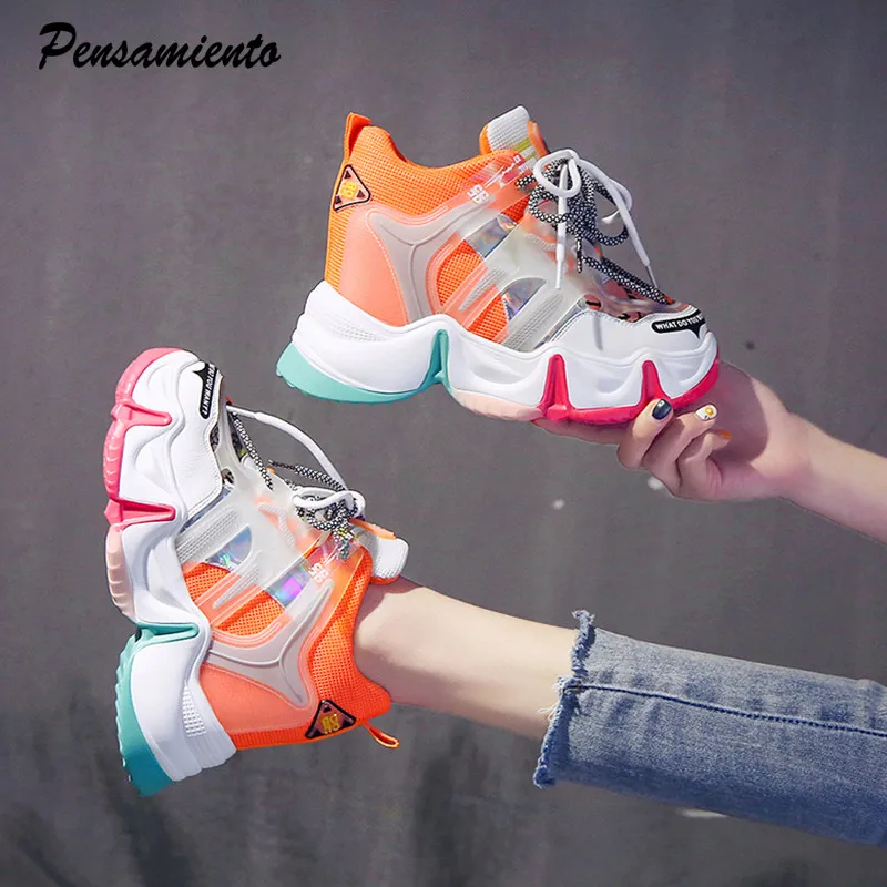 Новинка Женские кроссовки увеличивающие рост на платформе 9 см с радужной