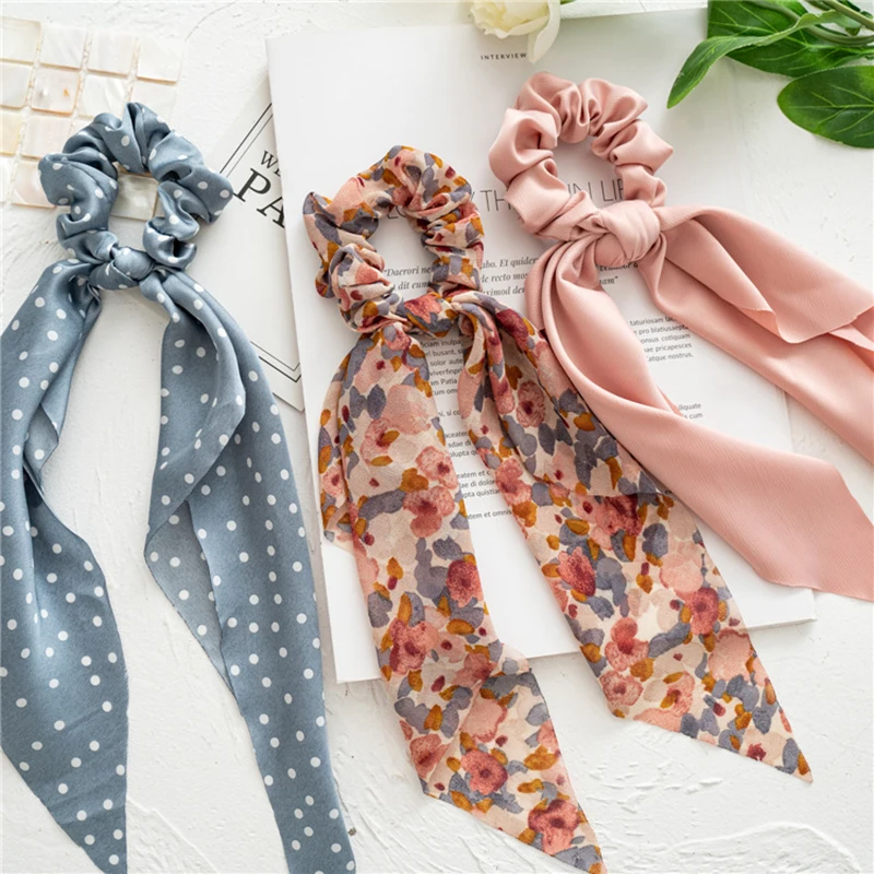 

Korean Bow Long Ribbon Hair Scrunchie Chiffon Floral Print Sweet Elastic Hair Band Ponytail Hair Scarf Hair Tie Hair Accessories