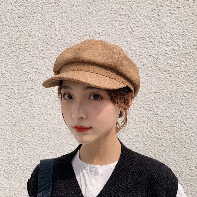 

Women Solid Plain Wool Beret hat Winter Warm Designer Painter cap Retro British Style Octagonal Navy Hat Outdoor Newsboy cap