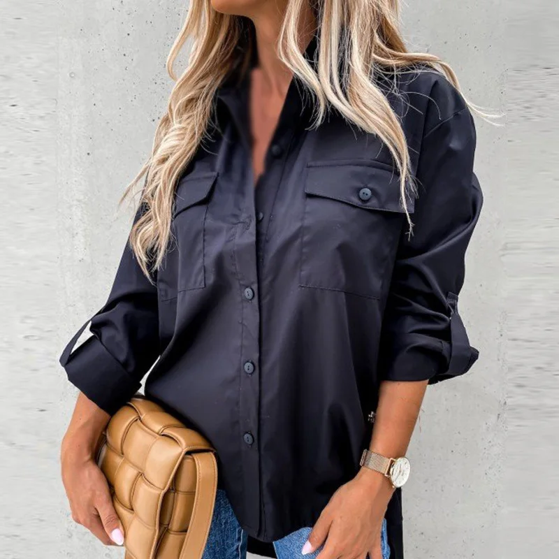 

Solid Irregular Loose Long Sleeve Shirts For Women White Turn-down Pocket Collar Female Leisure Shirts 2021 New Spring Autumn