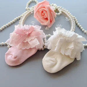 Носки для маленьких девочек, хлопковые детские носки, милые кружевные носки с цветочным бантом для новорожденных принцесс, носки для девочек с оборками