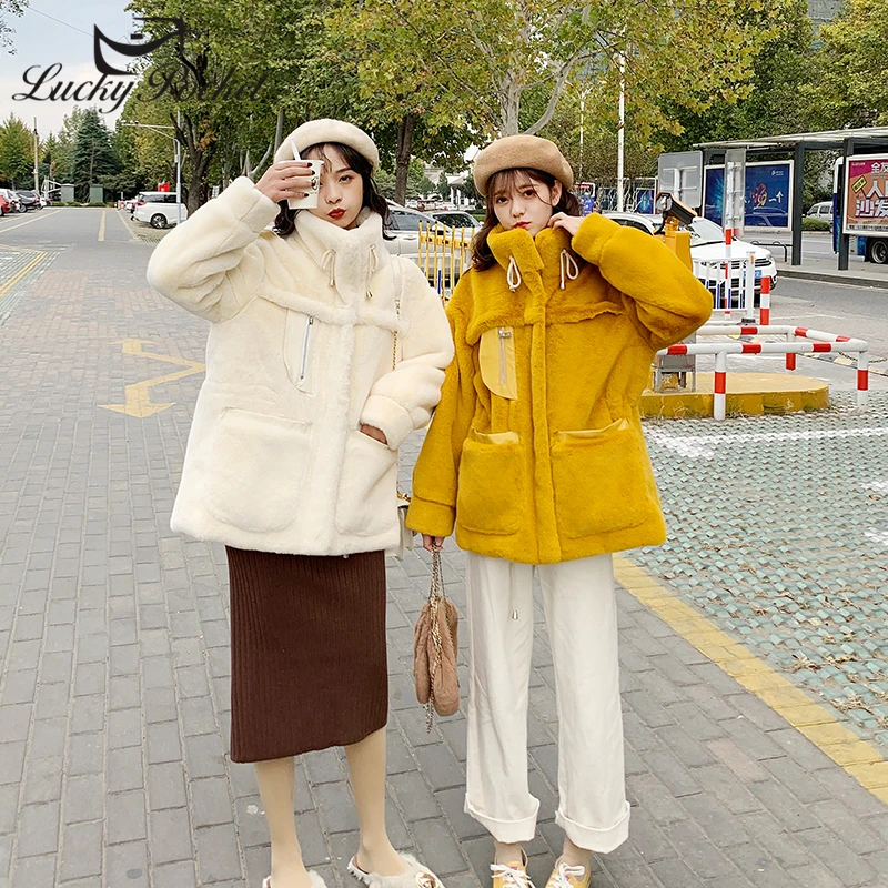 

Women Winter Mid-Length Faux Rabbit Fur Thick Plush Coat Ladies Fashion Plus Size Solid Color Big Pocket Lapel Fur Coat ZY116